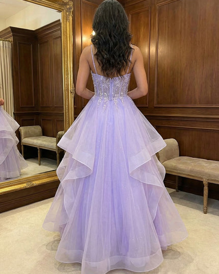 Spaghetti Straps V Neck Lace Appliques Tiered A Line Prom Dresses