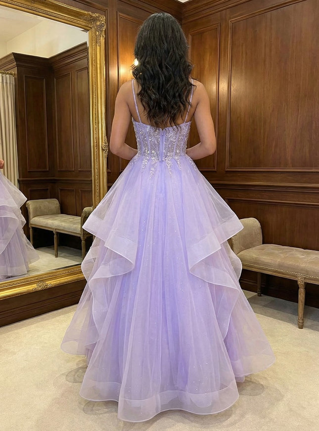 Spaghetti Straps V Neck Lace Appliques Tiered A Line Prom Dresses