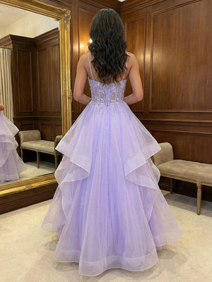 Spaghetti Straps V Neck Lace Appliques Tiered A Line Prom Dresses