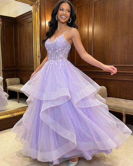 Spaghetti Straps V Neck Lace Appliques Tiered A Line Prom Dresses