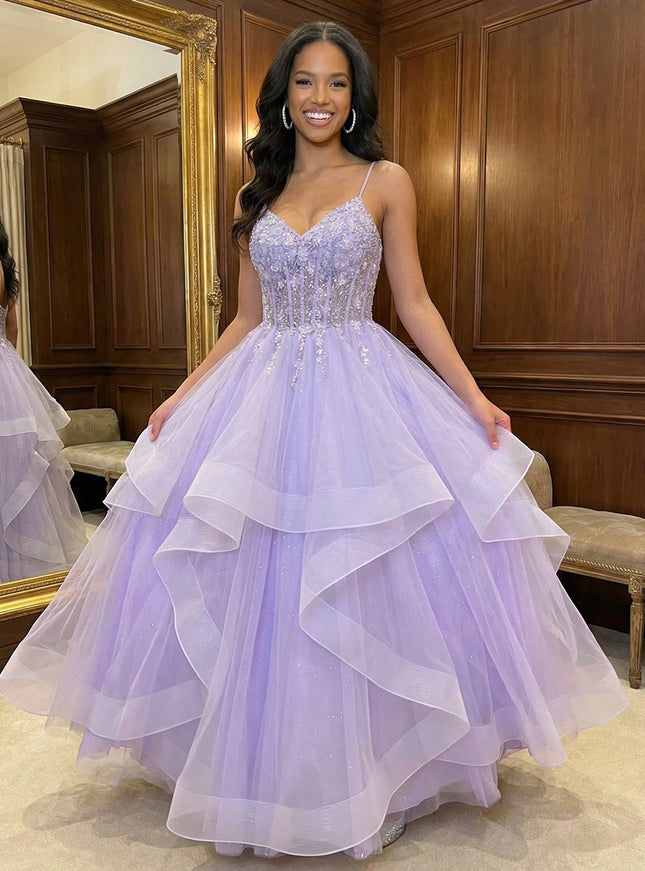 Spaghetti Straps V Neck Lace Appliques Tiered A Line Prom Dresses