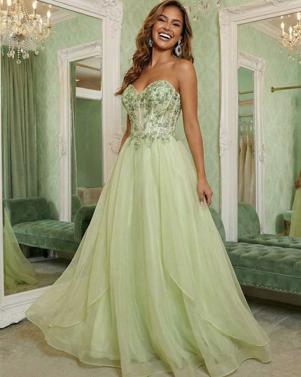 V Neck Lace Appliques Sleeveless A Line Prom Dresses