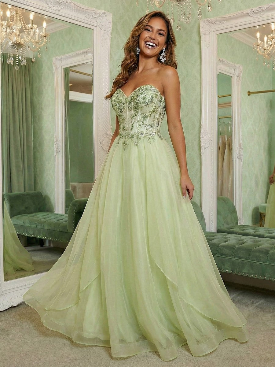 V Neck Lace Appliques Sleeveless A Line Evening Dresses