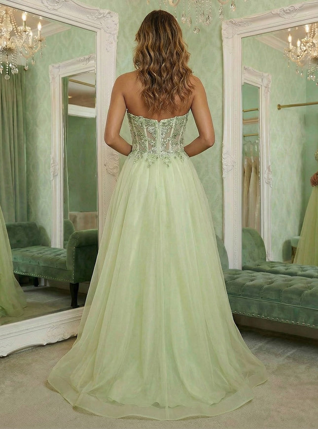 V Neck Lace Appliques Sleeveless A Line Prom Dresses