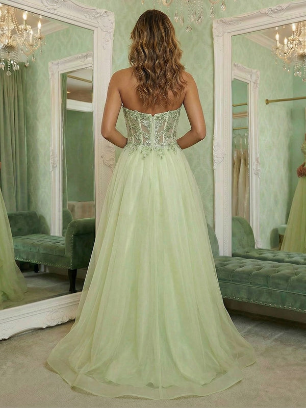 V Neck Lace Appliques Sleeveless A Line Evening Dresses