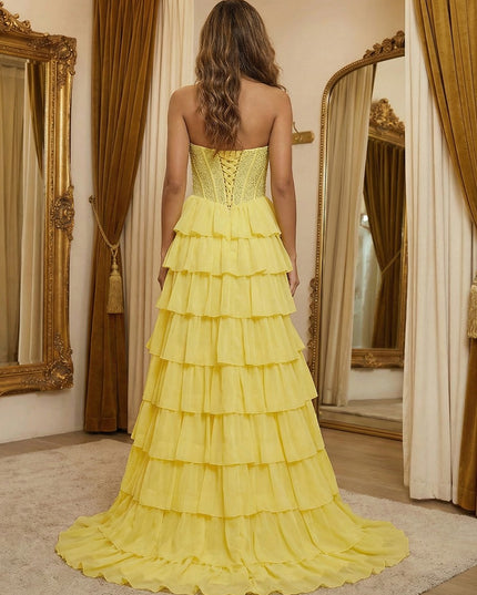 Sparkly Strapless Corset Tiered A Line Prom Dresses