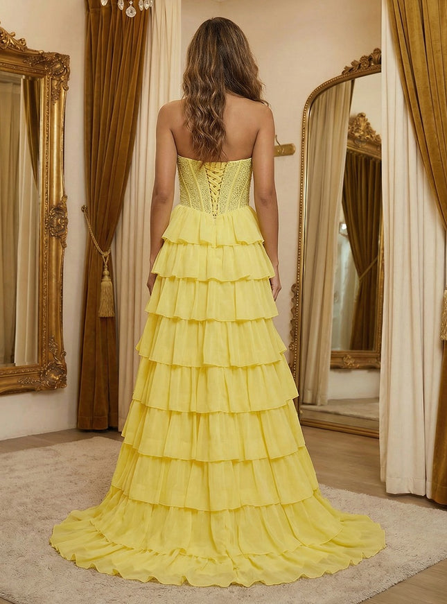 Sparkly Strapless Corset Tiered A Line Prom Dresses