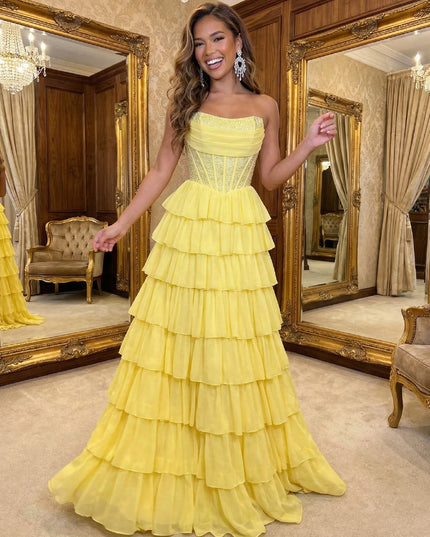 Sparkly Strapless Corset Tiered A Line Prom Dresses