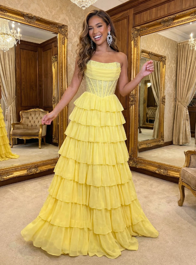 Sparkly Strapless Corset Tiered A Line Prom Dresses