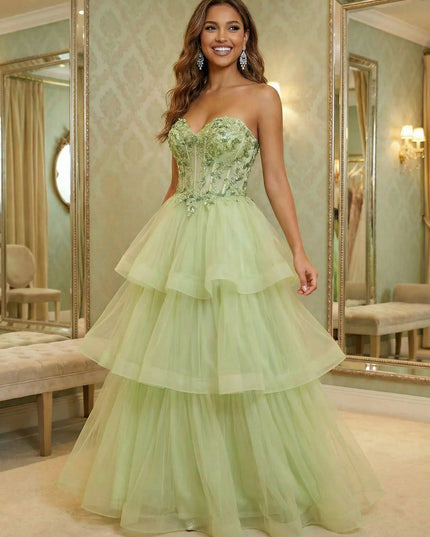 V Neck Lace Appliques Tiered A Line Prom Dresses