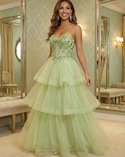 V Neck Lace Appliques Tiered A Line Prom Dresses