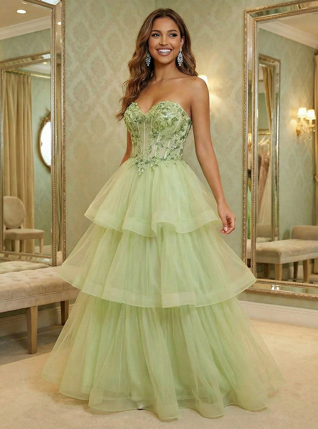 V Neck Lace Appliques Tiered A Line Prom Dresses