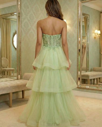 V Neck Lace Appliques Tiered A Line Prom Dresses