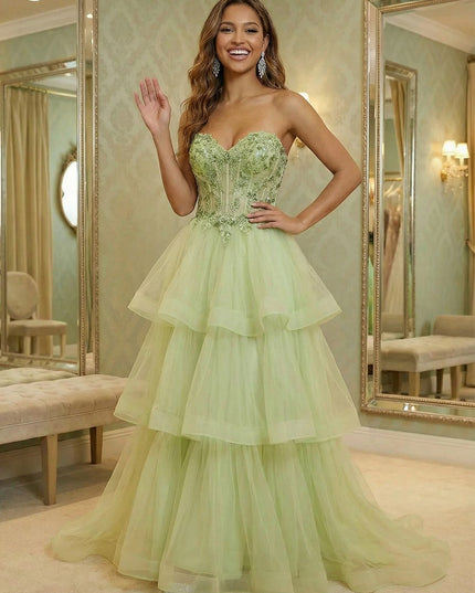 V Neck Lace Appliques Tiered A Line Prom Dresses