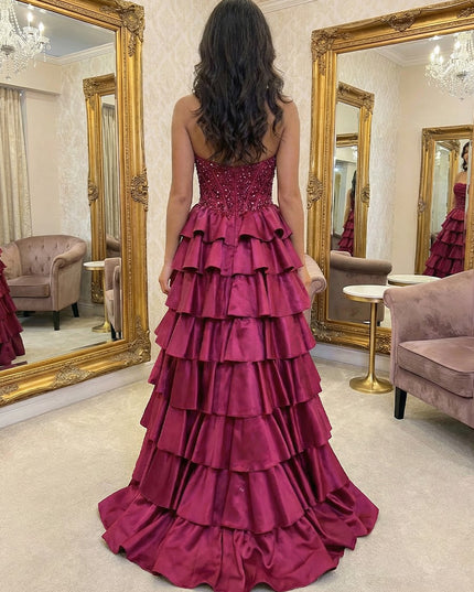 Sparkly Strapless Corset Tiered A Line Prom Dresses with Slit