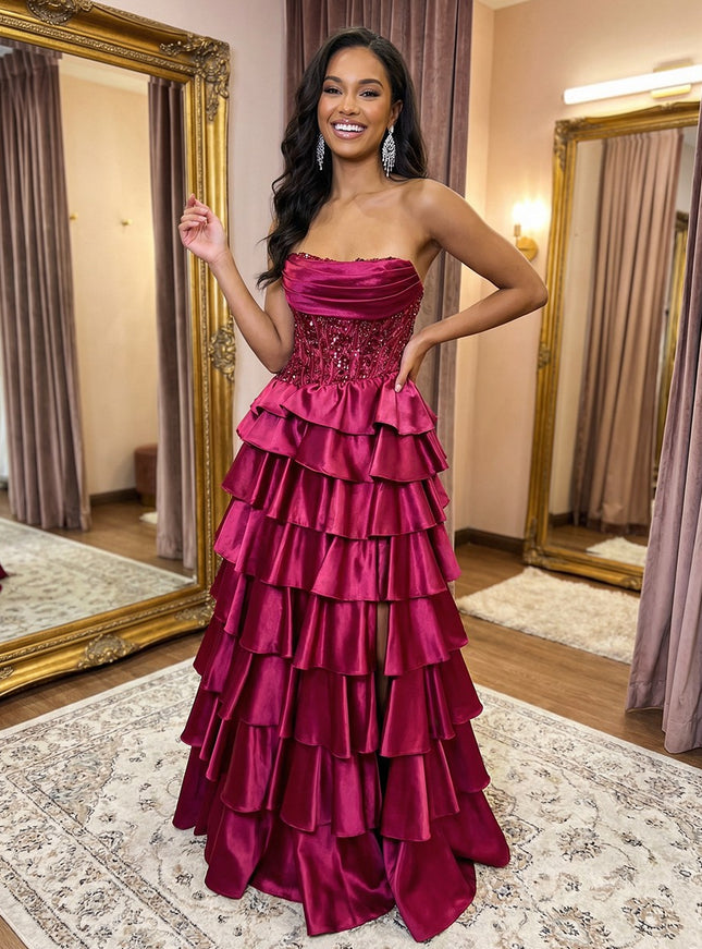 Sparkly Strapless Corset Tiered A Line Prom Dresses with Slit