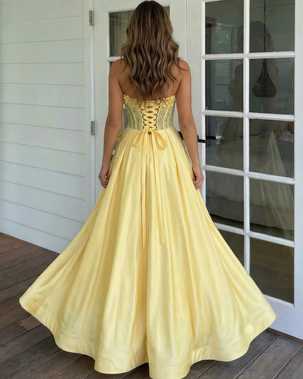 Sparkly Strapless Corset Lace Appliques Bow A Line Prom Dresses