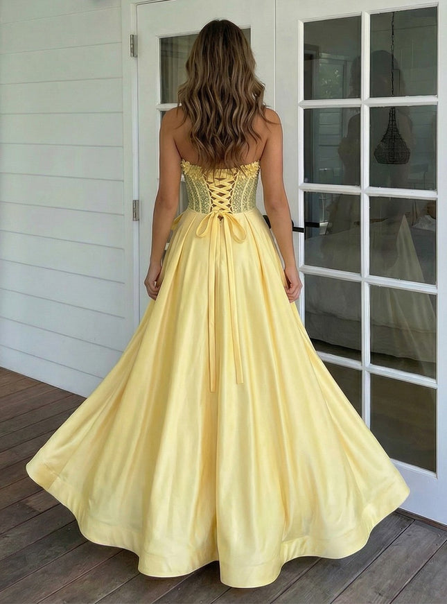 Sparkly Strapless Corset Lace Appliques Bow A Line Prom Dresses