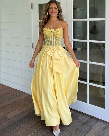 Sparkly Strapless Corset Lace Appliques Bow A Line Prom Dresses