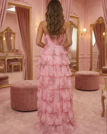 3D Flowers Tulle Tiered Floral Print Cut Out A Line Prom Dresses