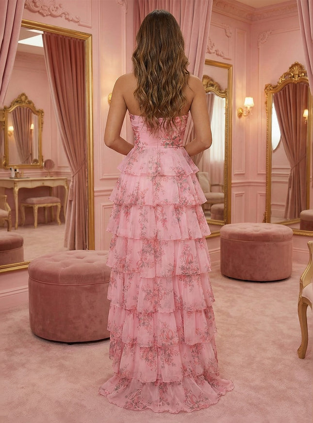 3D Flowers Tulle Tiered Floral Print Cut Out A Line Prom Dresses