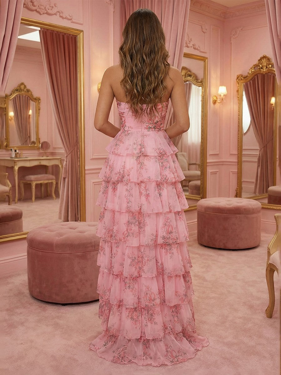 3D Flowers Tulle Tiered Floral Print Cut Out A Line Prom Dresses