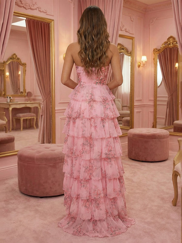 3D Flowers Tulle Tiered Floral Print Cut Out A Line Prom Dresses