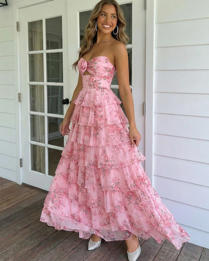 3D Flowers Tulle Tiered Floral Print Cut Out A Line Prom Dresses