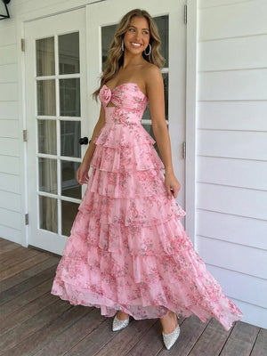 3D Flowers Tulle Tiered Floral Print Cut Out A Line Prom Dresses