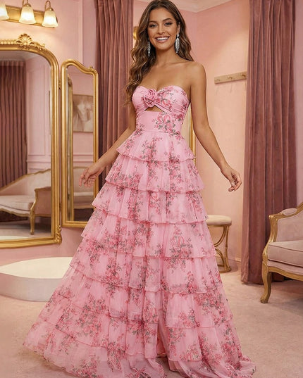 3D Flowers Tulle Tiered Floral Print Cut Out A Line Prom Dresses