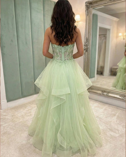 V Neck Lace Appliques Tiered A Line Prom Dresses