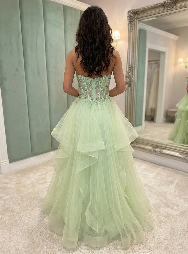 V Neck Lace Appliques Tiered A Line Prom Dresses