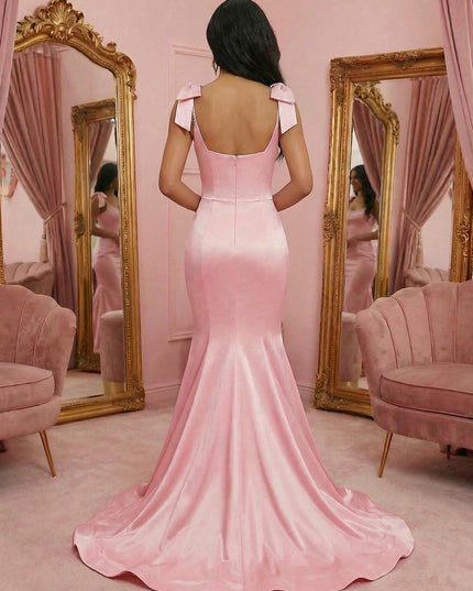 Spaghetti Straps Round Neck Mermaid Satin Sparkly Bow Prom Dresses