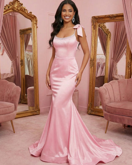 Spaghetti Straps Round Neck Mermaid Satin Sparkly Bow Prom Dresses