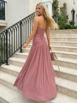 Chiffon Strapless Deep V-Neck Ruched Formal Dresses Pleated A-Line Maxi Evening Party Gowns with Slit