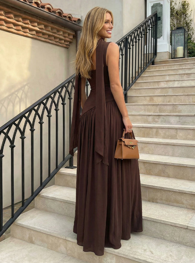 Chiffon Square Neck Pleated Prom Dresses Ruched A-Line Maxi Evening Party Gowns with Scarf