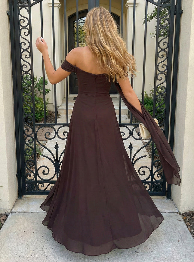 Chiffon Off Shoulder Ruched Prom Dresses Pleated A-Line Maxi Evening Party Gowns