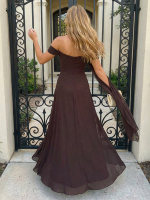Chiffon Off Shoulder Ruched Formal Dresses Pleated A-Line Maxi Evening Party Gowns