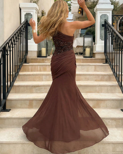 Chiffon One Shoulder Ruched Sequin Corset Prom Dresses Sheath Maxi Evening Party Gowns