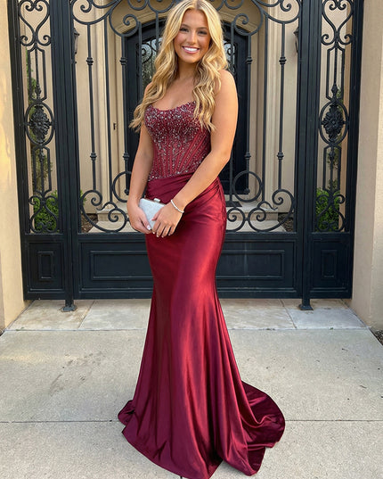 Satin Strapless Ruched Waist Prom Dresses Corset Mermaid Maxi Evening Party Gowns with Beaded