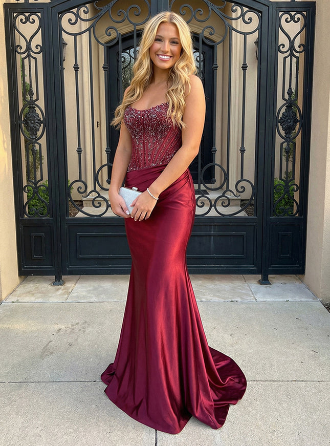 Satin Strapless Ruched Waist Prom Dresses Corset Mermaid Maxi Evening Party Gowns with Beaded