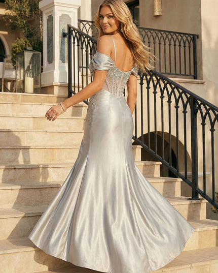 Satin Off Shoulder Sweetheart Ruched Waist Prom Dresses Corset Sheath Maxi Evening Gowns with Slit