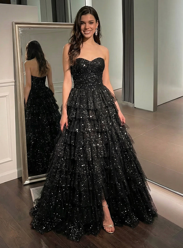 Sequin Strapless Layered Prom Dresses Maxi Evening Party Gowns