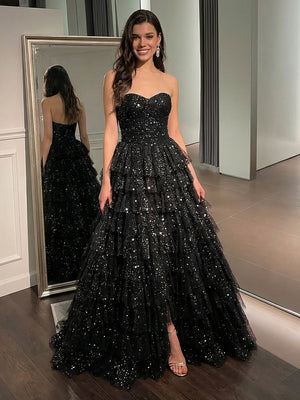 Sequin Strapless Layered Prom Dresses Maxi Evening Party Gowns