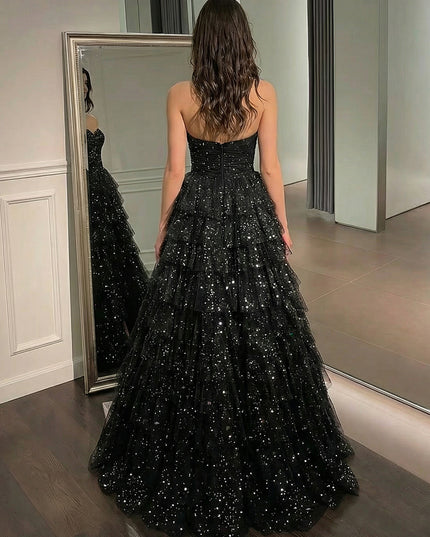 Sequin Strapless Layered Prom Dresses Maxi Evening Party Gowns
