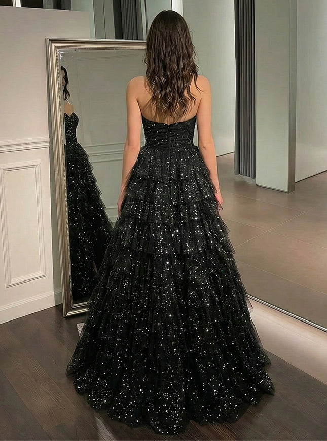 Sequin Strapless Layered Prom Dresses Maxi Evening Party Gowns