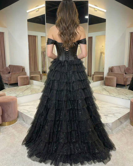 Sequin Off Shoulder Layered Prom Dresses Evening Party Gowns