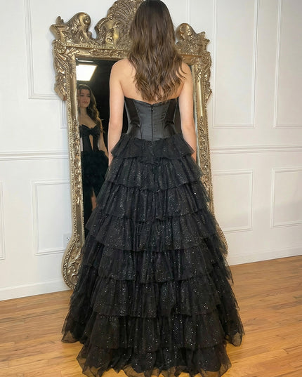 Sequin Strapless Layered Prom Dresses Evening Party Gowns