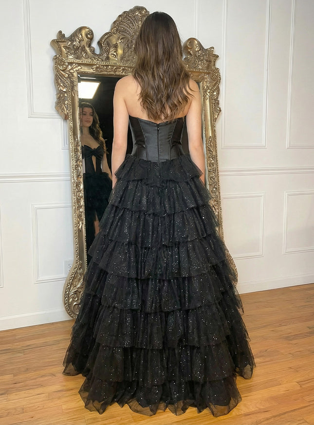 Sequin Strapless Layered Prom Dresses Evening Party Gowns