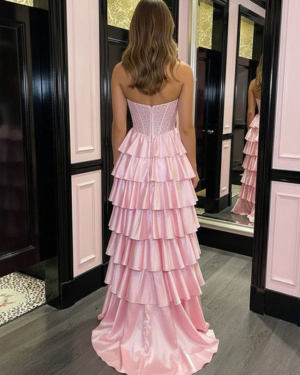 Satin Layered Prom Dresses A Line Evening Party Gowns